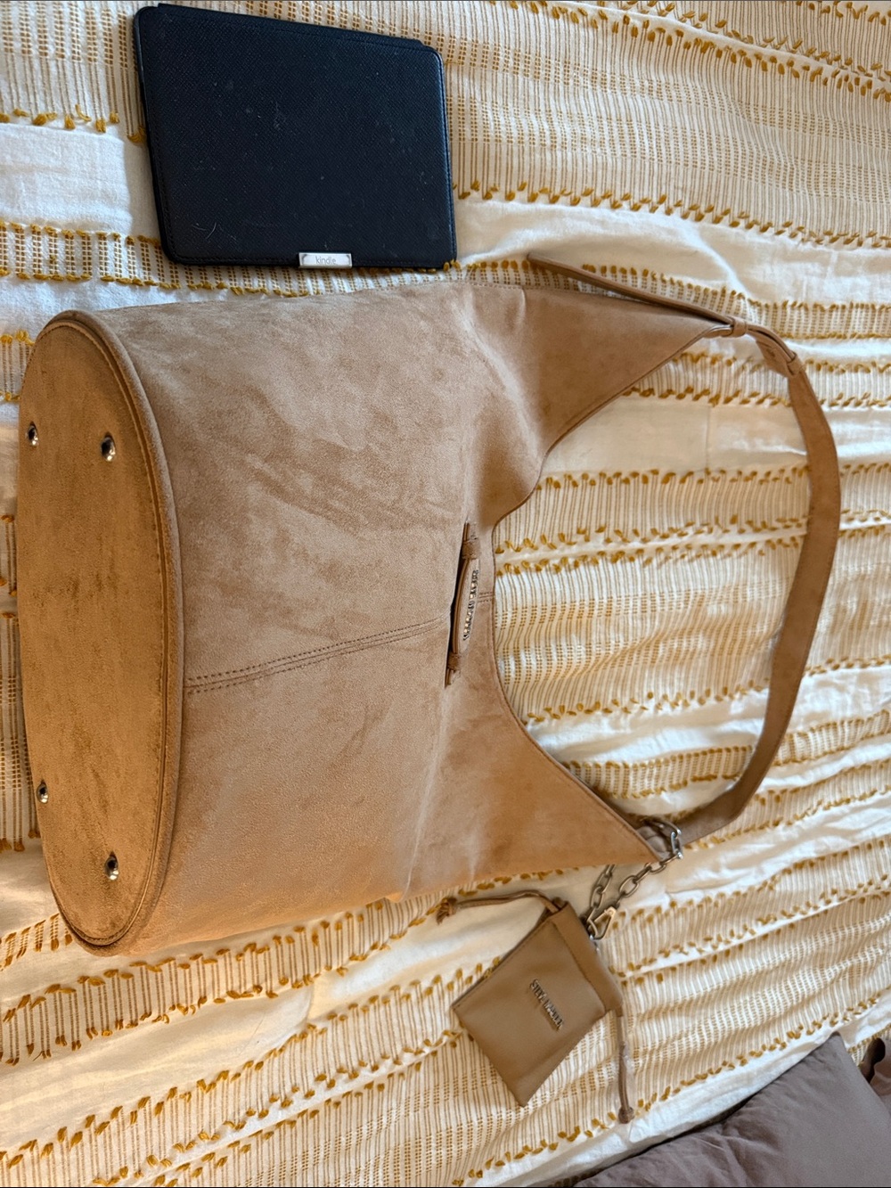 Faux Suede Shoulder Hobo Bag in Tan by Steve Madden